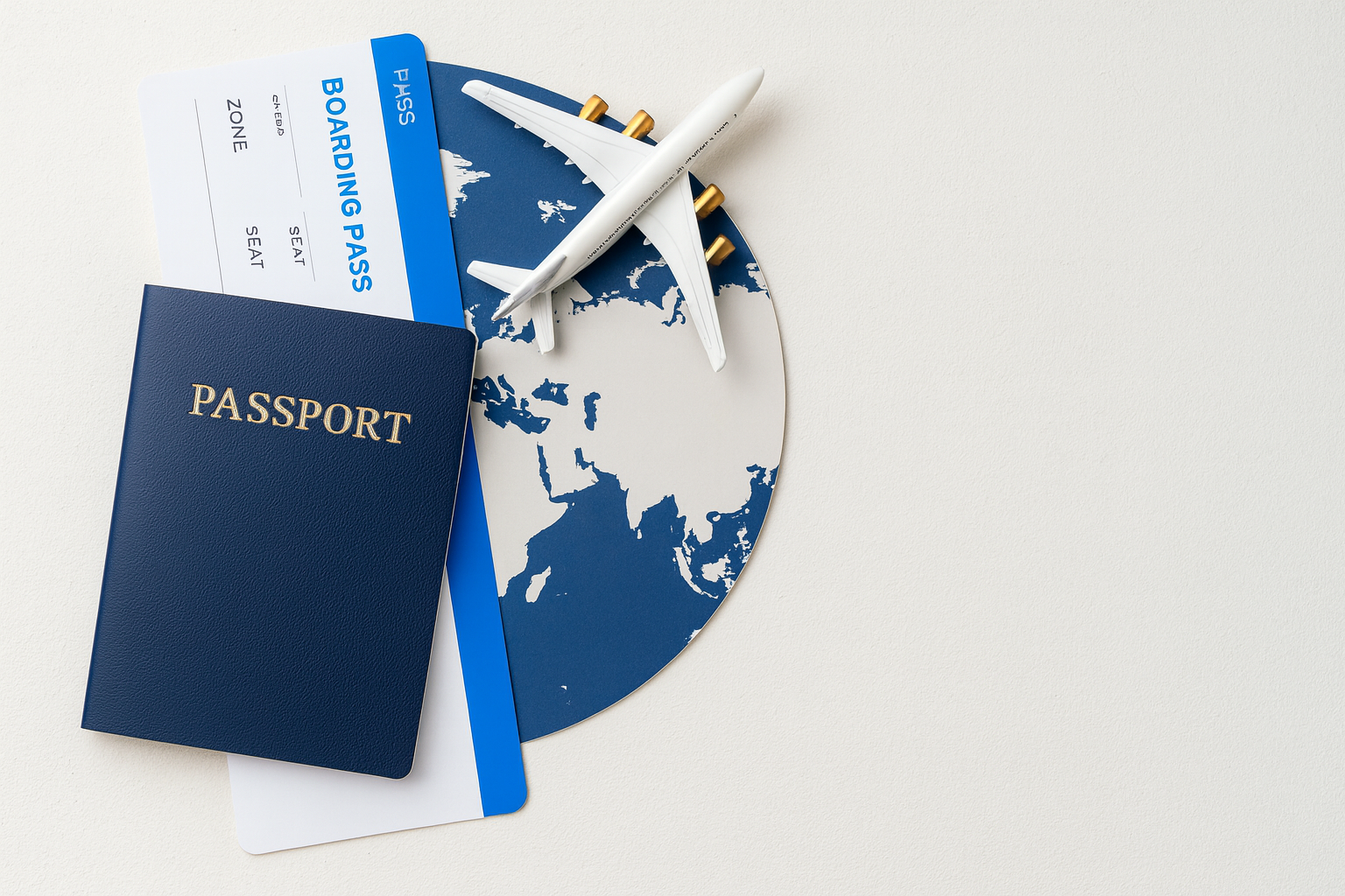 Passport, boarding pass and airplane — Migration services
